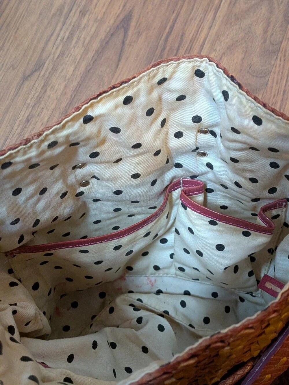 Martina Caponi Italy Brown Woven Braided Leather Bag Hobo Drawstring Polka Dot